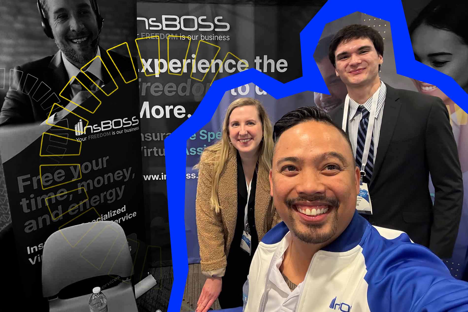 The InsBOSS Team poses for a picture in front of the InsBOSS Booth at Houston Insurance Day 2025