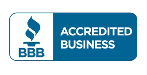Logo for the Better Business Bureau (BBB), with the BBB flame symbol and the words "Accredited Business" on a blue background.