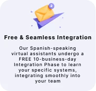 Graphic promoting the free and seamless integration of virtual assistants, detailing a free 10-business-day integration phase to learn client systems.
