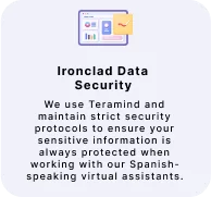 Graphic promoting data security with the title "Ironclad Data Security" and text mentioning the use of Teramind and strict protocols to protect sensitive information with virtual assistants.