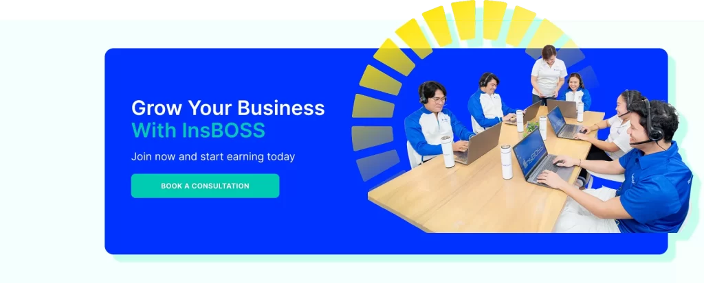 A digital banner graphic with the call-to-action "Grow Your Business With InsBOSS" and "BOOK A CONSULTATION," next to an image of a team of virtual assistants working together.